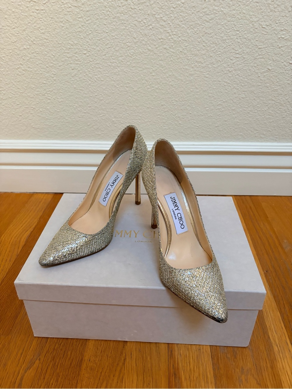 Jimmy Choo Gold Glitter Pointed-Toe Pumps